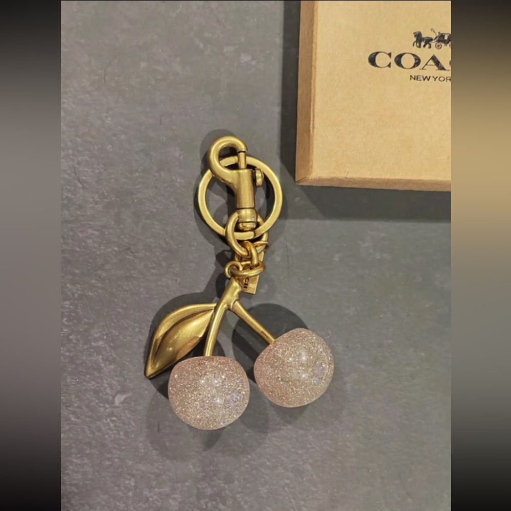 Coach Gold Light Pink Glitter Cherry Keychain Charm